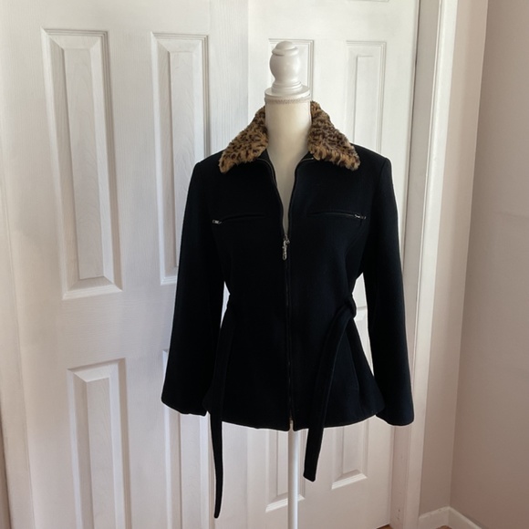 Women’s Jason Kole Waist Length Belted Wool Jacket with Animal Print Fur Collar - Picture 6 of 14